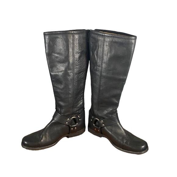 Frye Black Leather Tall Back Zipper Phillip Harness Tall Boots Women Sz 6 - Picture 4 of 11